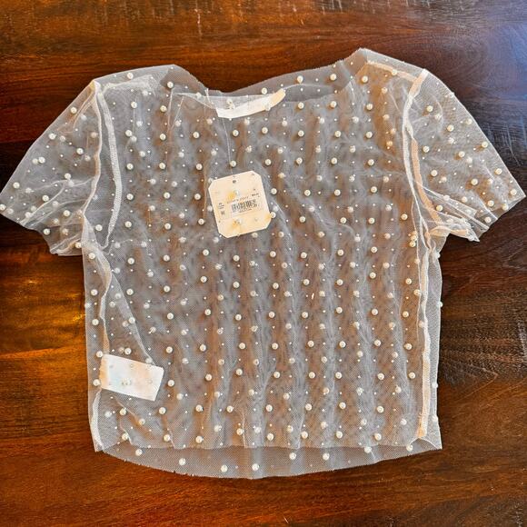 New ALTAR’D STATE Ivory Sheer Pearl Rhinestone Beaded Cropped Top Women's Sz Sm - Picture 9 of 12